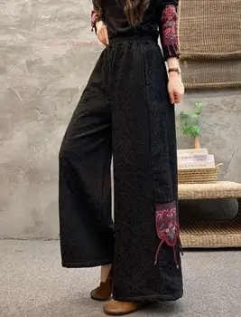 2024 китайские винтажные брюки с цветочной вышивкой женские традиционные широкие брюки национальные хлопковые льняные брюки на флисовой подкладке