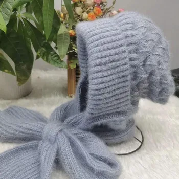   плюшевый интегрированный 2 в 1 ветрозащитный пуловер зимняя шапка с капюшоном шарф для женщин шапка шарф термоплюшевая подкладка вязаная шапка