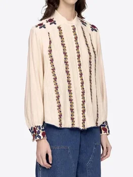  Женская рубашка с цветочной вышивкой Однобортная плиссированная сорочка Весна Ретро Блузка с о-образным вырезом