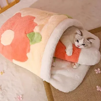  Японская сакура Теплая кошачья кровать Кошачий спальный мешок Глубокий сон Зимний собачий домик Кошка Гнездо Подушка с подушкой Съемные товары для домашних животных