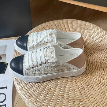  Дизайнерские маленькие белые туфли Вышитые буквы Холст Одиночная обувь Женская классическая на шнуровке Круглый носок Casul Кроссовки Женская обувь
