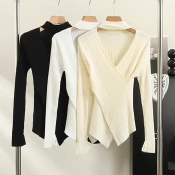  Вязаный свитер на шее для женщин V-образный вырез с длинным рукавом Полая нерегулярная узкая блузка Осень Универсальные топы Дропшиппинг