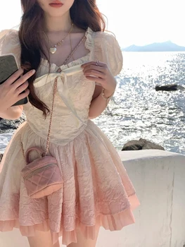 Summer Sweet Princess Мини-платье с квадратным воротником Y2k Розовый градиент A Line Женское платье с бантом Корейский Kawaii Lolita Vestido Сарафан