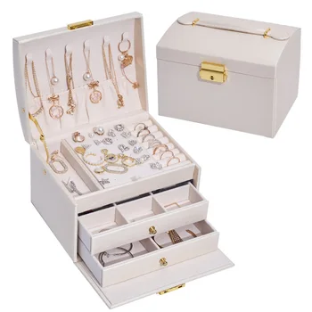  Трехслойная кожаная шкатулка для драгоценностей, легкие роскошные серьги, коробка для хранения драгоценностей, серьги-гвоздики, шкатулка для драгоценностей с замком
