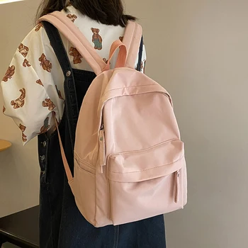  Простой однотонный рюкзак Женские водонепроницаемые нейлоновые школьные сумки для девочек-подростков Сумка для путешествий Сумка через плечо