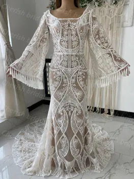  C3025M Элегантное свадебное платье русалки в стиле бохо со съемным рукавом, кружевное свадебное платье на пуговицах с открытой спиной