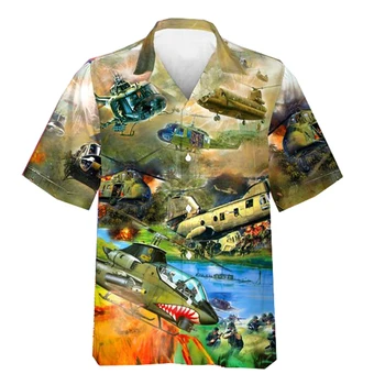  Самолет Битва Графические рубашки для мужчин Одежда 3D-печатные гавайские пляжные рубашки с коротким рукавом y2k топы Винтажная одежда Лацкан блузка