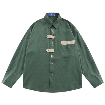  Цветочная вышивка Повседневные рубашки для мужчин Осенняя мужская рубашка Butotn Up Мужской топ Зеленый хаки