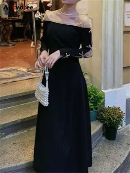  Aotvotee Bow Платье миди с длинным рукавом для женщин 2023 Новая мода Fairycore с разрезом и вырезом Черное платье Элегантные винтажные вечерние платья
