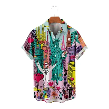  Мужская рубашка оверсайз Гавайская креативная живопись Рубашка с короткими рукавами Пляжная повседневная мода Мужская летняя рубашка свободного кроя