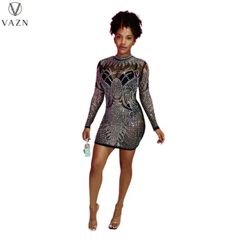  VAZN 2022 Новое роскошное роскошное платье Desigenr Black Sexy Diamonds Молодые расклешенные водолазки Fashon с полным рукавом Женское тонкое мини-платье