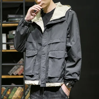 Куртка с капюшоном Мужская модная одежда Harajuku High Street Япония Стиль Повседневные ветровки Куртки Мужская легкая куртка