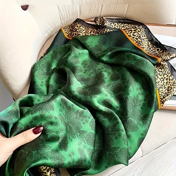  зеленый цветок леопардовый принт шарф бохо тонкая имитация шелка атлас большая шаль повседневная универсальная солнцезащитная повязка на голову