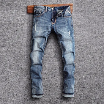  Итальянский стиль Мода Мужские джинсы Высокое качество Ретро Синий Эластичный Slim Fit Рваные джинсы Мужчины Винтаж Дизайнер Джинсовые брюки Hombre