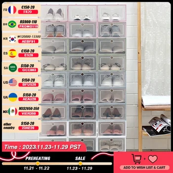  6 шт. Коробка для откидной обуви Утолщенный прозрачный ящик Пластиковые коробки для обуви Штабелируемая коробка Органайзер для обуви Хранение обувной коробки Полка для обуви