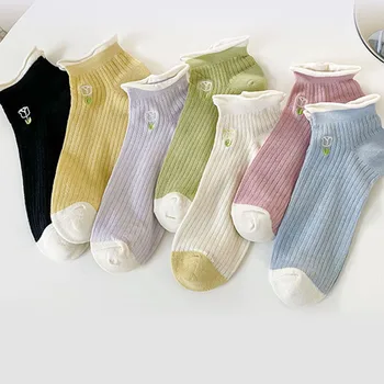 Носки Женские Скрученные Короткие Трубки Новые Однотонные Цветочные Вышитые Носки Летние Тонкие Носки Японские Низкие Носки Короткие Носки
