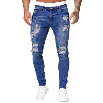  Мужские узкие джинсы Стрейч Сплошные рваные дыры Потертые градиентные стиранные брюки с дырками Облегающий крой Harajuku Повседневная одежда Джоггеры