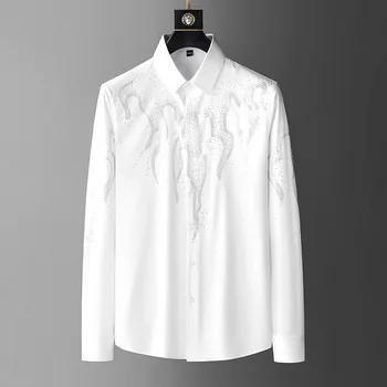  европейская высококачественная модная рубашка с принтом, мужская весна 2023 года, новая мода, тонкая белая рубашка, длинный рукав, повседневный, без утюга, топ