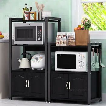   Простые шкафы для хранения из углеродистой стали Напольная стойка для кухонной мебели Многослойная микроволновая печь Кухонные шкафы с деревянной дверцей