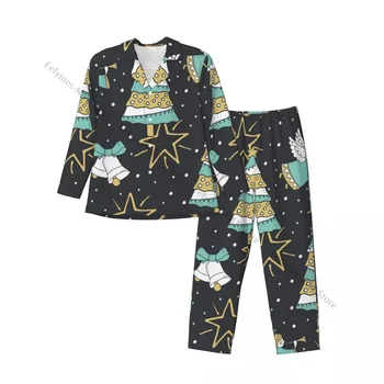  Мужские пижамные комплекты Рождественские елки, ангелы и колокольчики Пижамы для мужчин Рубашка с длинным рукавом Мужская мягкая домашняя домашняя одежда