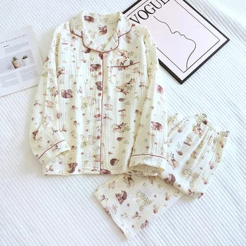  Женская осенняя хлопковая одежда для сна одежда с длинными рукавами милая сладкая пижама тонкий кардиган комплект домашней одежды пижама de mujer