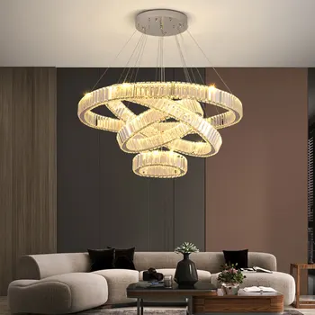  Новая хрустальная светодиодная люстра в современном стиле для гостиной, спальни, столовой, кухни, потолочного светильника, хромированного круглого кольца, подвесного светильника