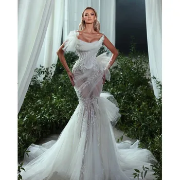  2023 Весенняя мода Свадебное платье Русалка Аппликации Плиссированные свадебные платья из тюля Vestidos de novia Tie Up Custom Size