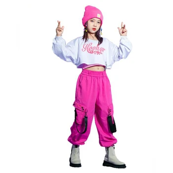  Детский карнавал Хип-хоп одежда Белая толстовка Укороченный топ Танк Уличная одежда Розовые брюки-карго для девочки Танцевальная одежда Костюм