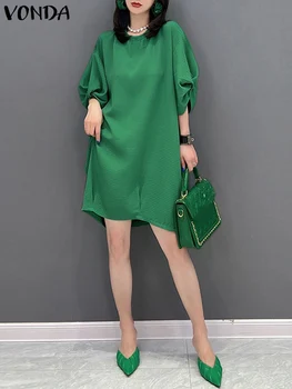  VONDA Модное однотонное мини-платье Женское элегантное лето с половиной рукава Повседневный сарафан 2023 Свободный винтажный халат для вечеринок с круглым вырезом