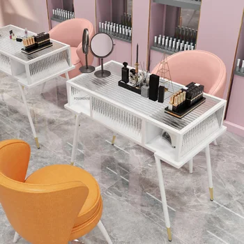  Nordic Iron Маникюрный стол и набор стульев Мебель для салона красоты Двойной профессиональный стол Nail Tech Стеклянный стол для ногтей