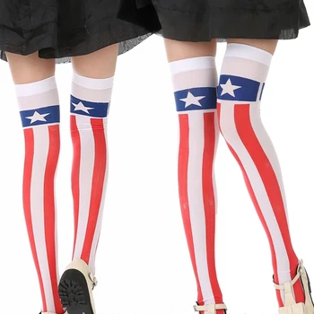  Женщины Американский флаг Звезда Полосатый Принт Выше Колена Длинные Носки Бедра Высокие Чулки Для Дня Независимости Косплей Костюм