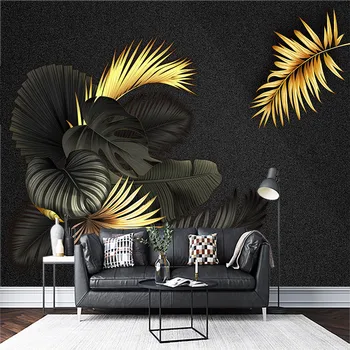  Черные и золотые тропические листья, пальмовые листья, 3D индивидуальная спальня, гостиная, диван, фон телевизора, настенная роспись, обои