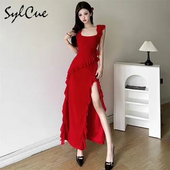  Sylcue Вечеринка Красный Зрелый Красивый Уверенный Сексуальный Элегантный Сладкий Нежный Прохладный Личность Женское длинное платье с оборками