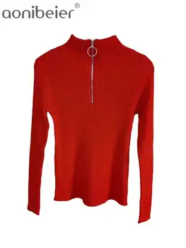  Aonibeier Y2K Красный женский свитер Traf 2024 Весна с длинным рукавом Уплотнительное кольцо Молния Половина с высоким воротником Тонкие вязаные пуловеры Женский укороченный топ