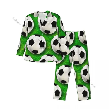  Мужские пижамные комплекты Футбольный мяч Зеленый фон Пижамы Длинный рукав Верхняя одежда для отдыха Осенне-зимняя домашняя одежда