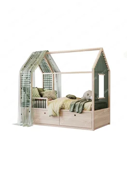  Дом на дереве Фэнцзань Детская кровать Замок Кровать принцессы Спальня для девочек с выдвижным ящиком Односпальная кровать для мальчиков из массива дерева с забором