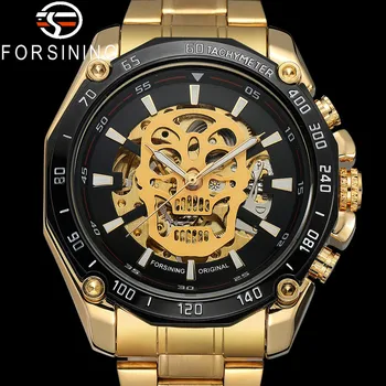  FORSINING Новые автоматические механические мужские наручные часы череп военные спортивные мужские часы топ бренд роскошные стальные скелетонизированные мужские часы 8161