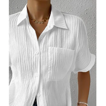  Wepbel Свободная мода Блузки с коротким рукавом Однобортная рубашка Воротник Летняя повседневная рубашка Топ Однотонная повседневная свободная рубашка