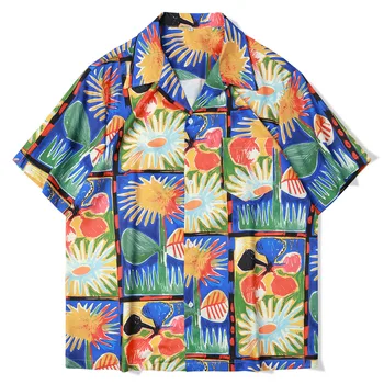  Пляж Красочные Цветы Рубашки Для Мужчин С Коротким Рукавом Хип-Хоп Шелковистый Лето Качество Полиэстер Повседневный Свободный крой 3XL Camisas De Hombre