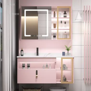  Современные светлые роскошные шкафы для ванной комнаты Комбинированная мебель для ванной комнаты Простая умная раковина для ванной комнаты Зеркальные шкафы из массива дерева