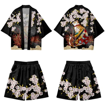  Вишневый кот Принт Традиционные шорты-кимоно Хаори Женщины Мужчины Японский Самурай Одежда Азиатская уличная одежда Кардиган Юката Косплей