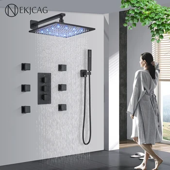  Термостатический черный светодиодный смеситель для душа Скрытый душевой набор для ванной комнаты с латунным массажем SPA Jet Waterfall Смеситель для ванны Кран
