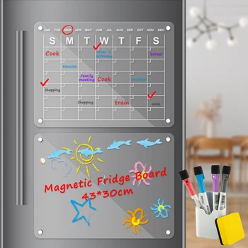  Акриловый магнитный календарь Набор с 4 маркерами Держатель ручки Многоразовая магнитная доска для сухого стирания Прозрачная акриловая доска для холодильника Календарь