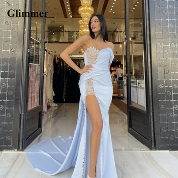  Glimmer Привлекательная труба Выпускные платья Милые Бисер Одно плечо Высокий разрез Атласный придворный шлейф Vestidos De Gala