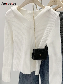  Aotvotee Корейский базовый однотонный осенний пуловер для женщин Теплые новые простые топы с длинным рукавом Повседневный тонкий трикотажный эластичный свитер с капюшоном