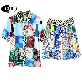  OFF дизайнерский подиум уличная одежда шикарный винтажный принт цветочный горошек с коротким рукавом топ блузки мини-юбки женская одежда комплекты из двух частей