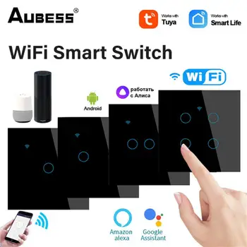  1 / 2 / 3 / 4gang EU TUYA WiFi Smart Touch Switch Home Light Настенная кнопка 86 * 86 мм Нейтральный провод Голосовое управление для Alexa Google Home