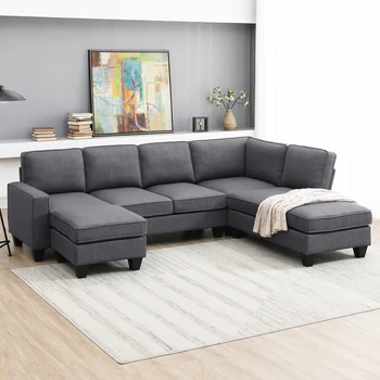  Современный L-образный секционный диван, 7-местный диван из льняной ткани с шезлонгом и трансформируемым пуфиком для гостиной
