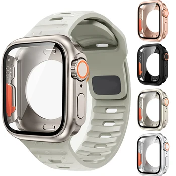  Защищенный стеклом чехол+ремешок Для ремешка Apple Watch 44 мм 45 мм смена на ультра 49 мм Силиконовые ремешки для часов iWatch 8 7 SE 6 Браслет