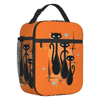   Черная кошка Изолированная сумка для ланча для кемпинга Путешествия Шипучий оранжевый атомный век Китчи Трио Термоохладитель Bento Box Женщины Дети